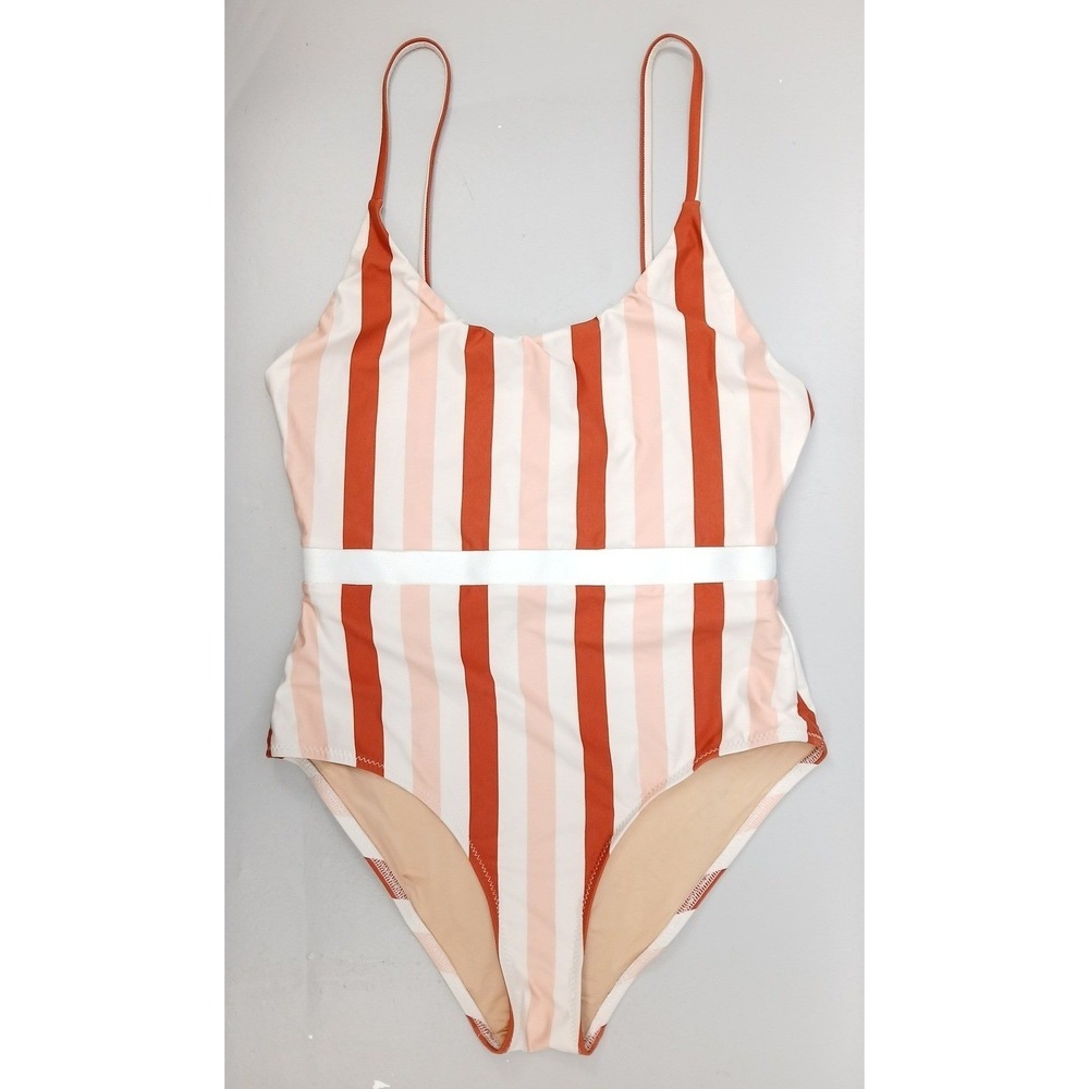 6 Shore Road Pooja One Piece Swimsuit Women Small Pink Stripe Nautical Coastal